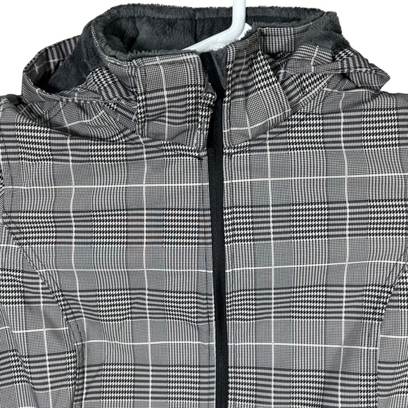 Free Country Women's Medium Plaid Hooded Jacket Coat Full Zip Gray White Fleece - Picture 1 of 16